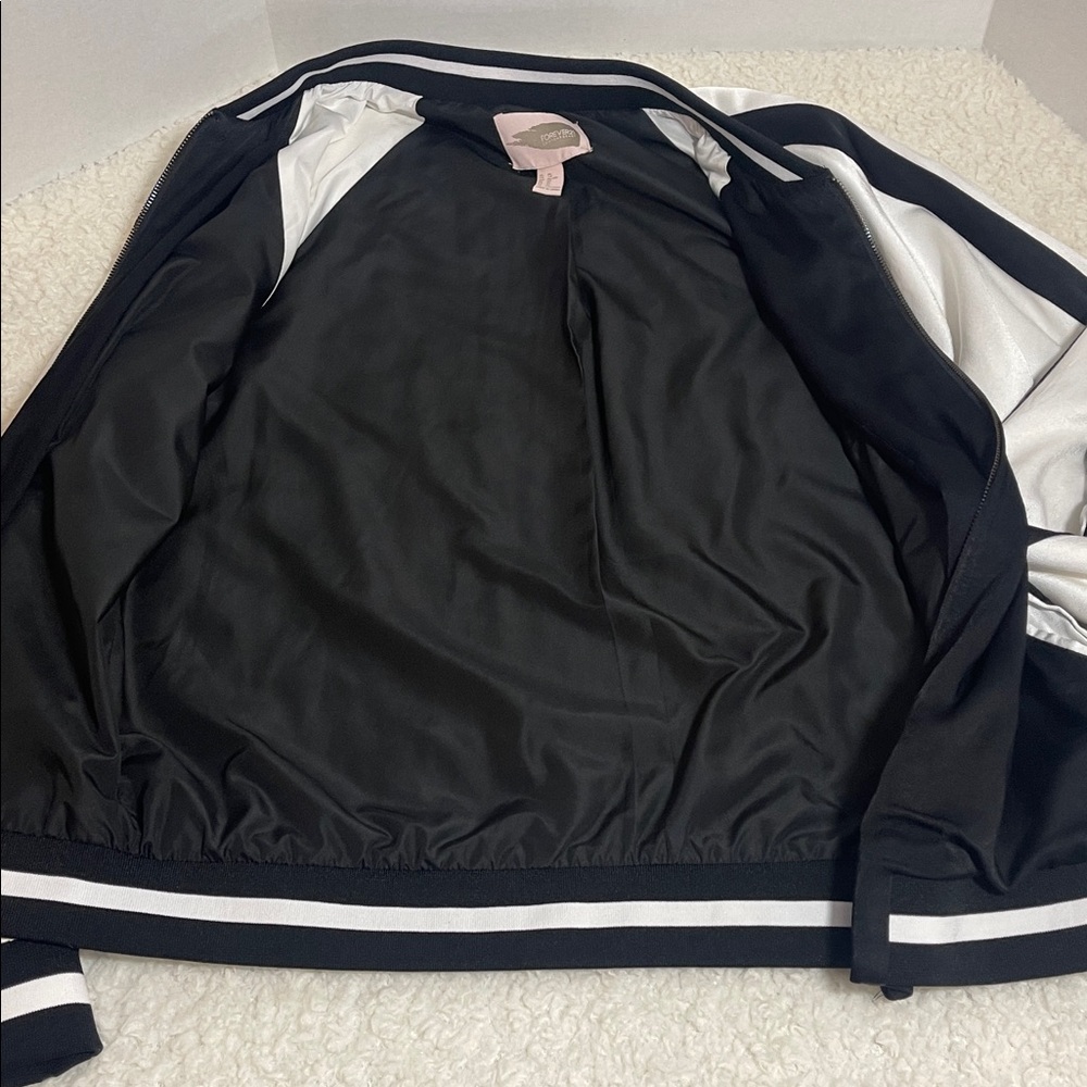 Forever 21 Satin Varsity Bomber Jacket Color Black Ivory Size M - Picture 9 of 16